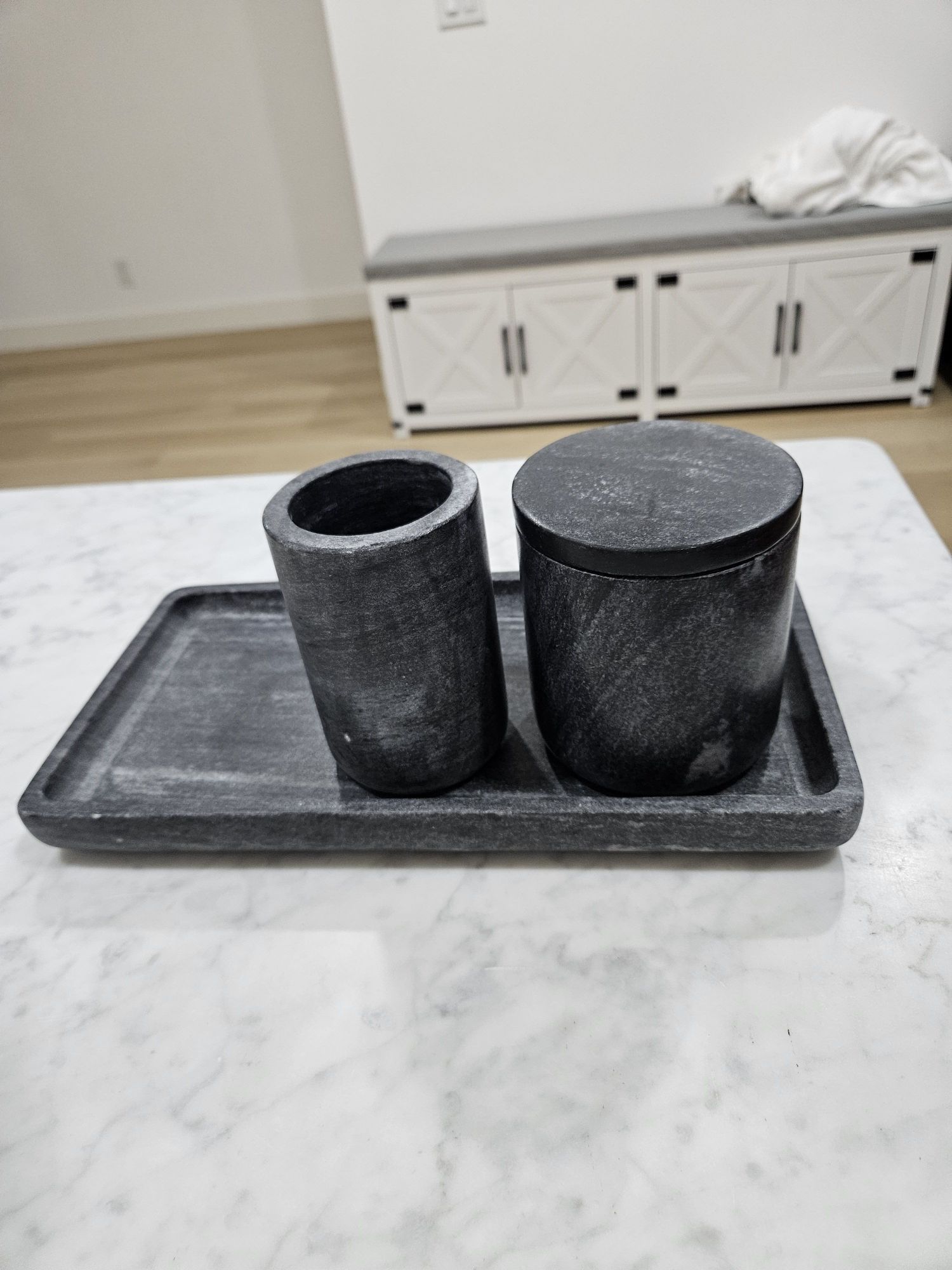Pottry barn marble bath venity tray set - 1