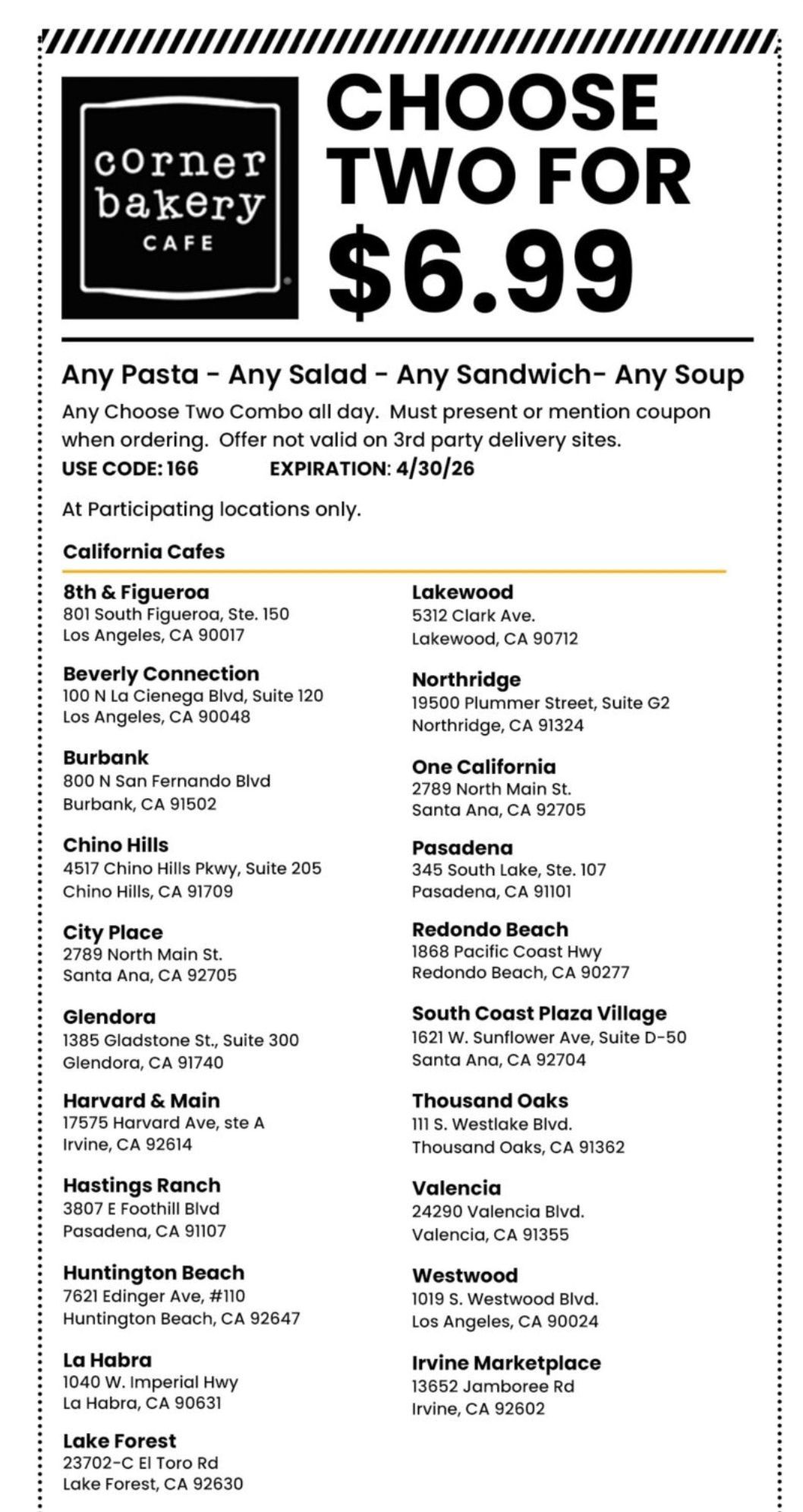 Coner Bakery 2가지 메뉴 $6.99