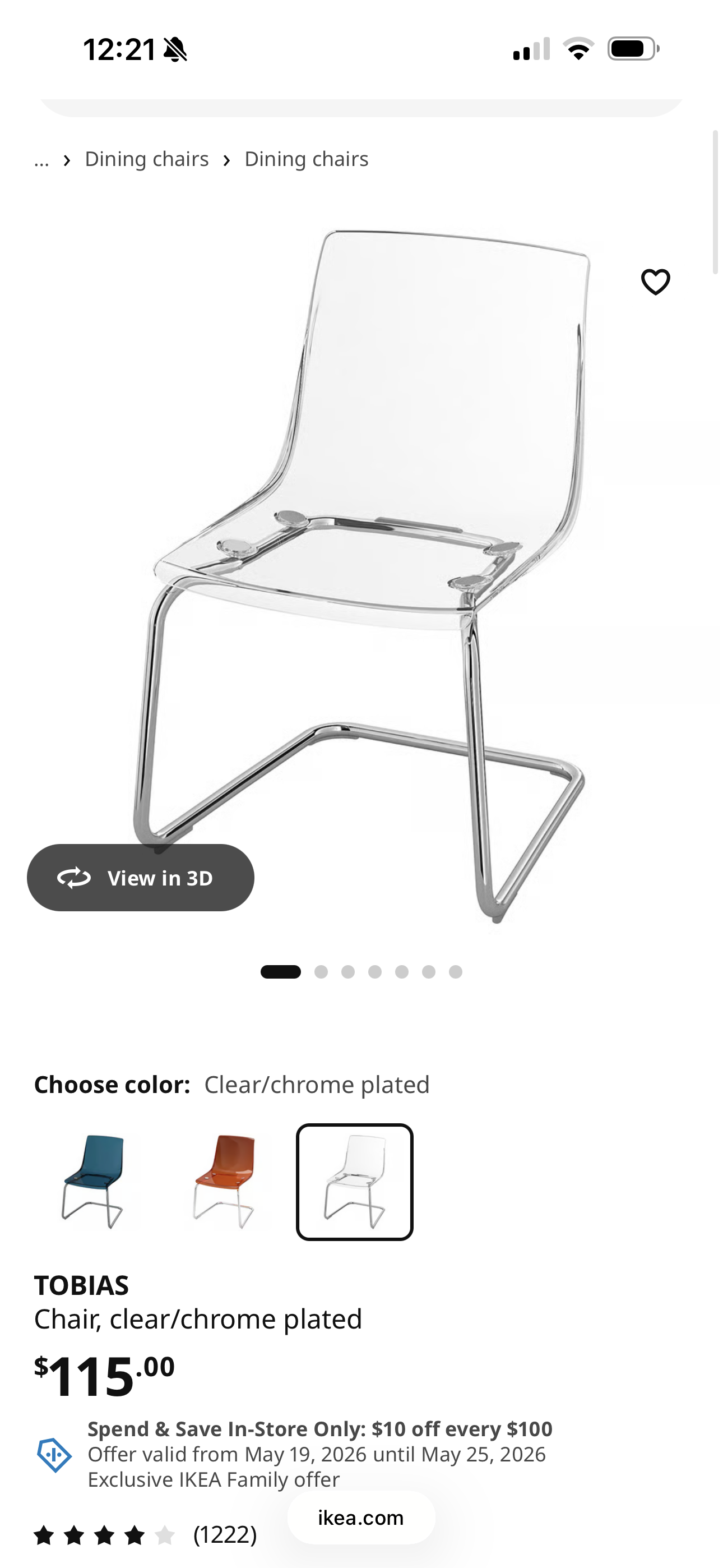 IKEA 토비아스(Tobias) 투명 식탁 의자 - 1개 - 1