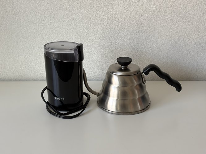 Hairo Coffee Dripper Kettle & Krups bean grinder