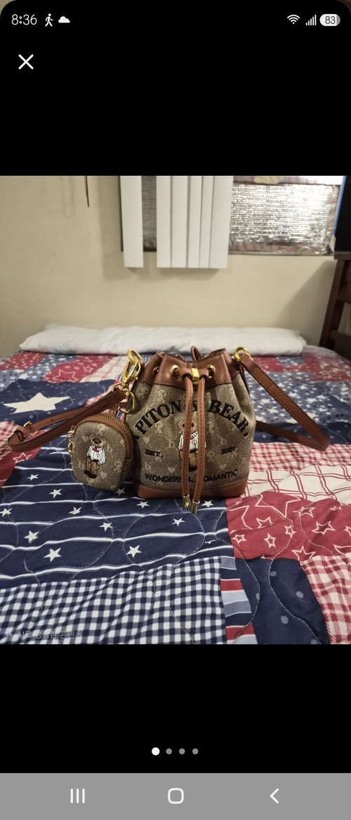 Cute Bear Print Bucket Bag with Mini Pouch - Like New!