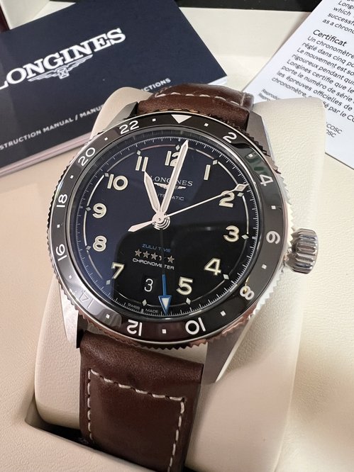 론진 시계 LONGINES Spirit Zulu Time Automatic Black Dial Leather Strap Men's Watch L3.802.4.53.2