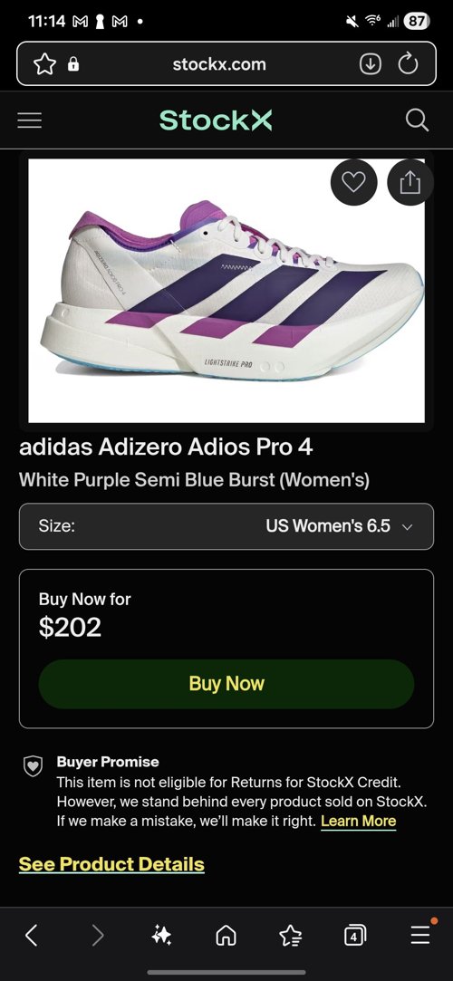 새상품 여성 아디다스 아디제로 프로4 퍼플