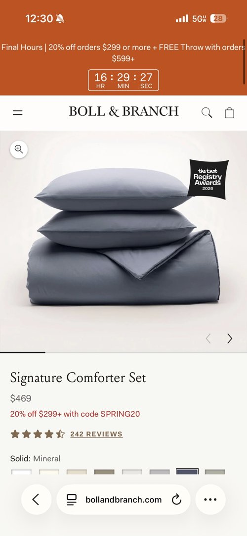 (새것)Boll&Branch 100%올가닉 퀸 사이즈 일체형 이불+베개커버